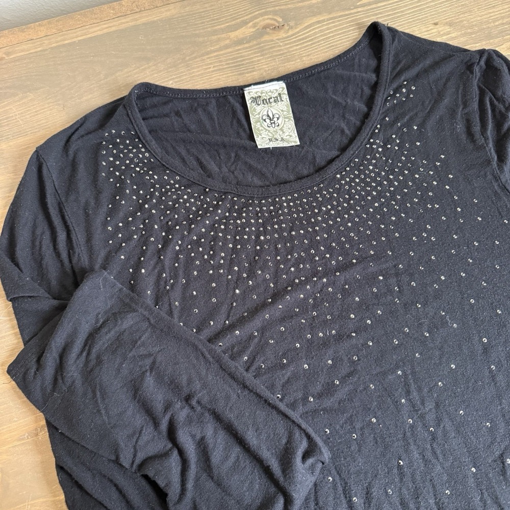 Vocal‎ Womens XL Black Rhinestone Studded Long Sleeve Tunic Shirt Top